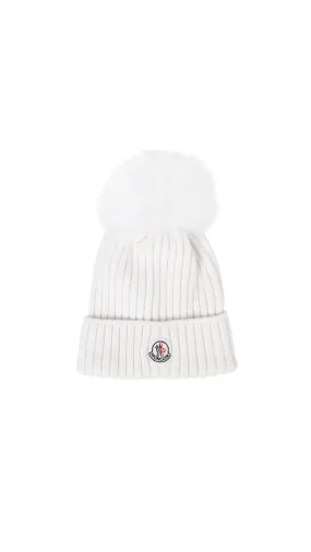 Wool Beanie with Pom Pom - White